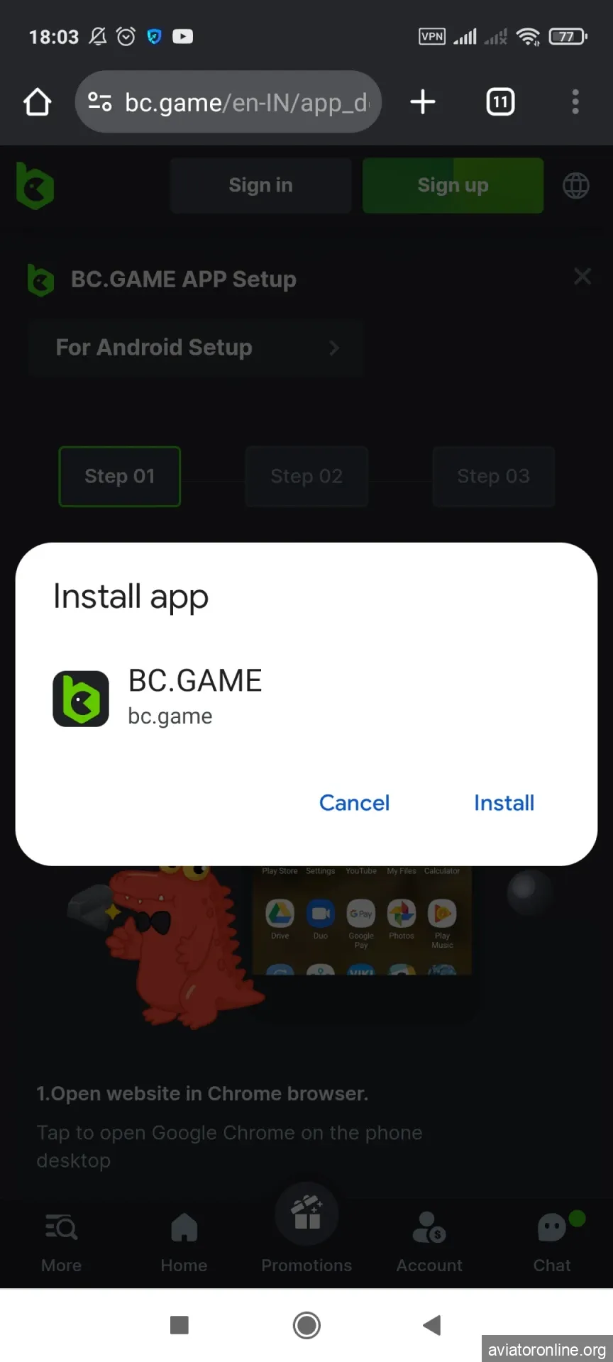 Start installing the BCGame Android application.